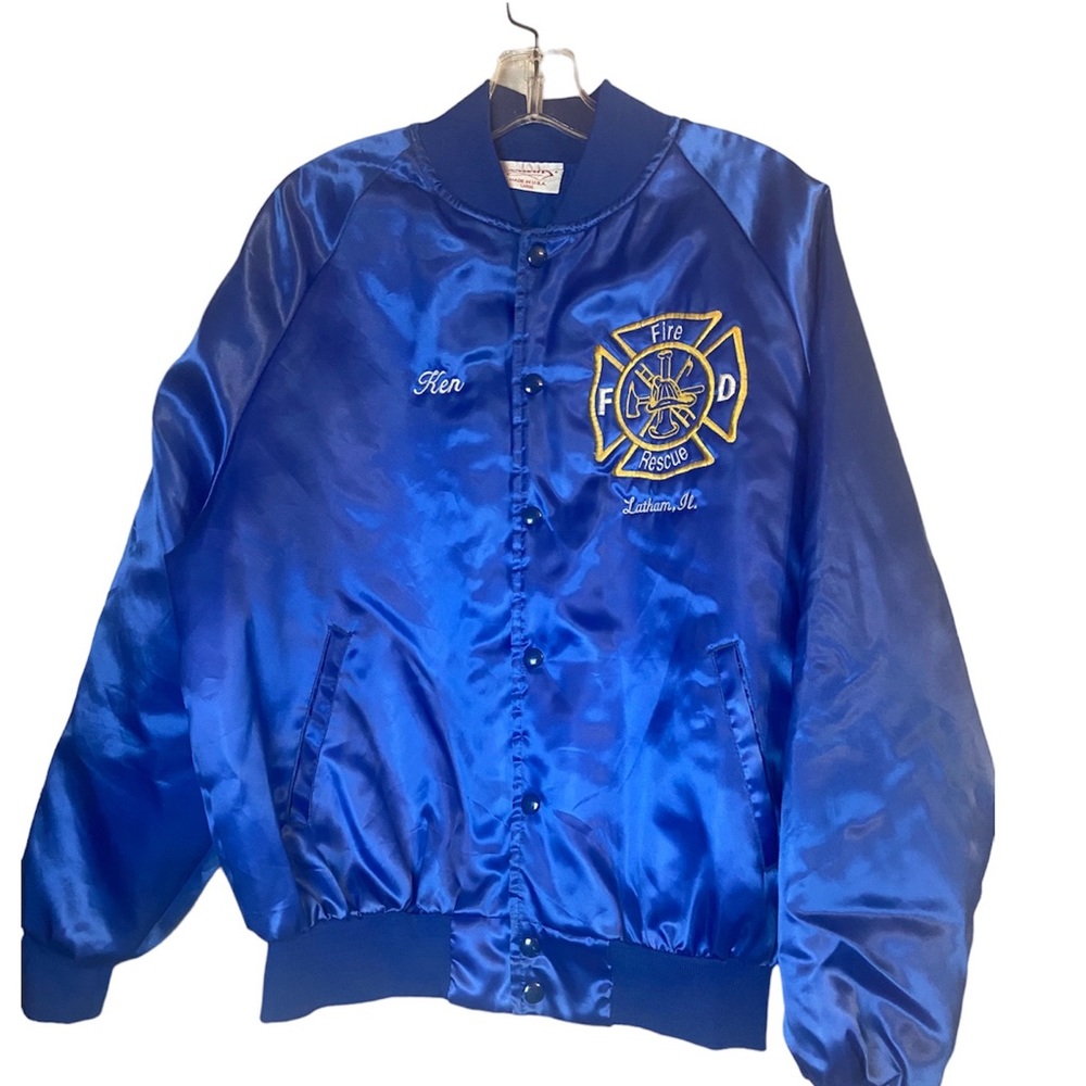 Vintage Satins blue satin fire fighters bomber Jacket men’s large Illinois